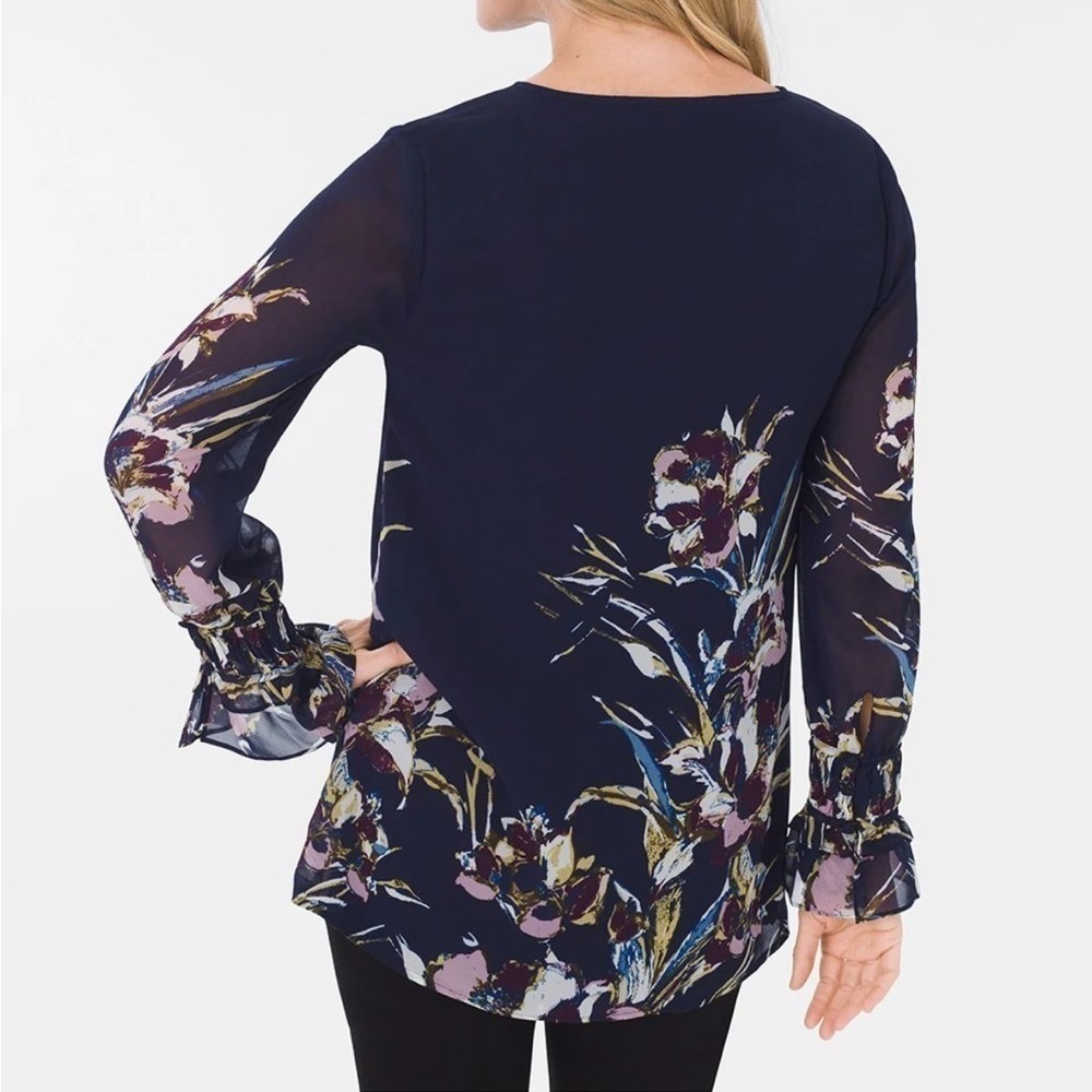 Chico’s Bird of Paradise-Print Pullover Blouse Sz 2 12/14 Blue Floral Blouse Top - Picture 2 of 9